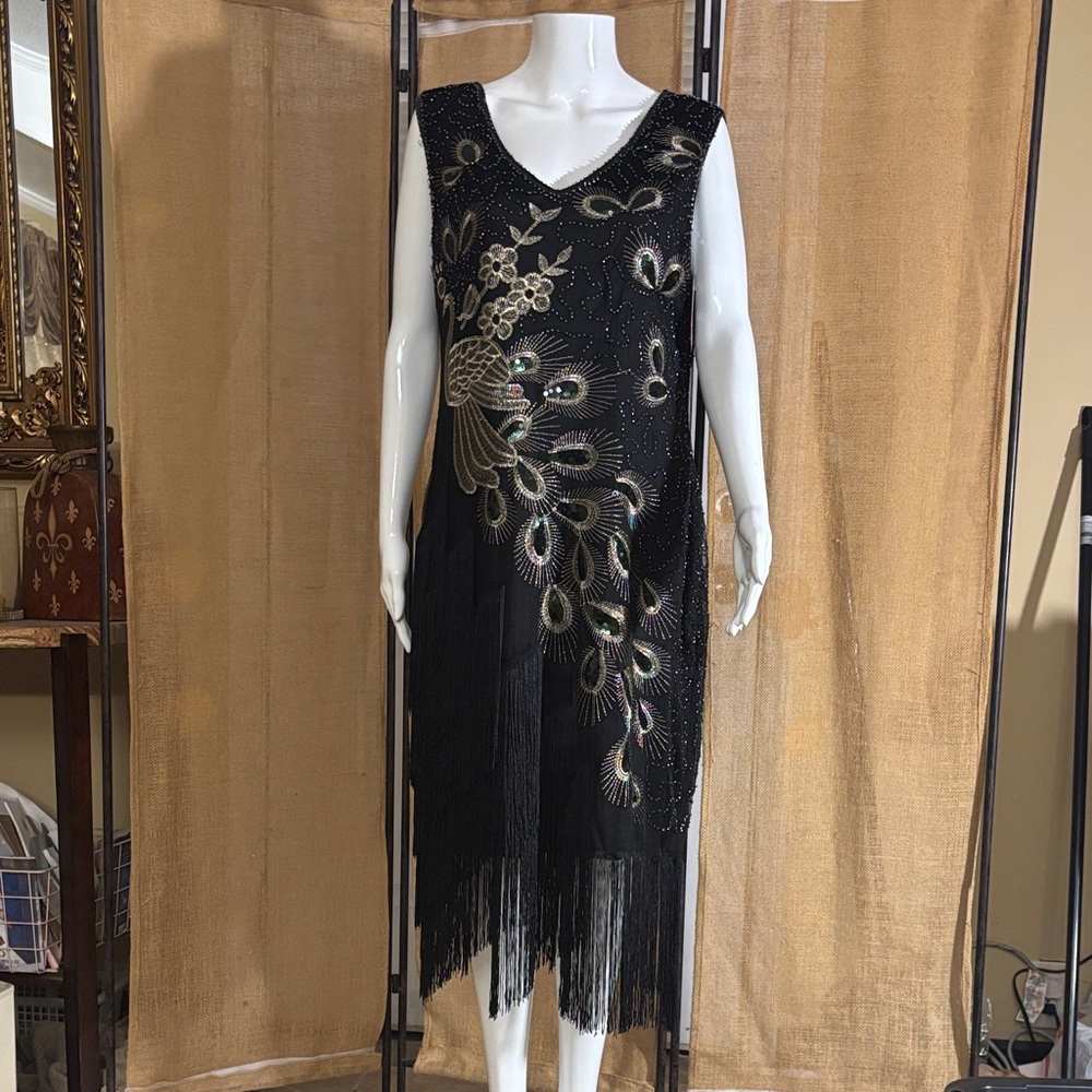 Black Beaded Peacock-Embellished Fringe Midi Dress